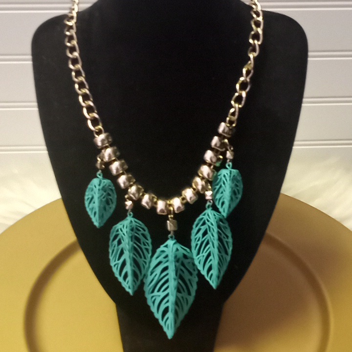 Turquoise Metal 3 D Leaf Necklace